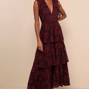Lulu's Burgundy Lace Dress with Deep V-Neck